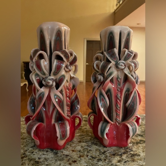 Carved Candles Home Decor Handmade Design Gift Hand Cream Burgundy Set Of Two - Picture 6 of 7